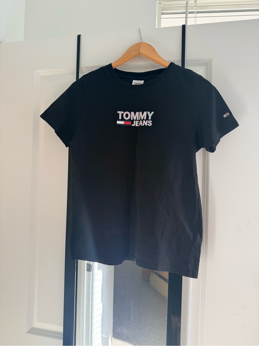 Tommy Hilfiger Black Tee with White Logo and Red-White Accent